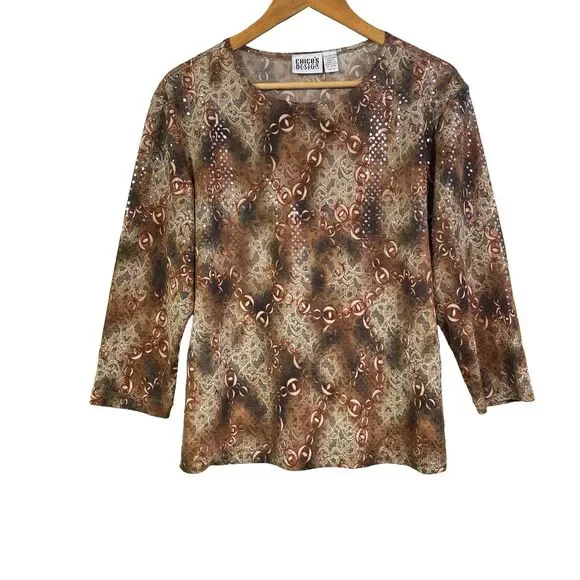 Vintage Chicos Blouse Size 3 Large Chicos BlouseShimmer Rusty Brown Red Cream - Picture 3 of 16